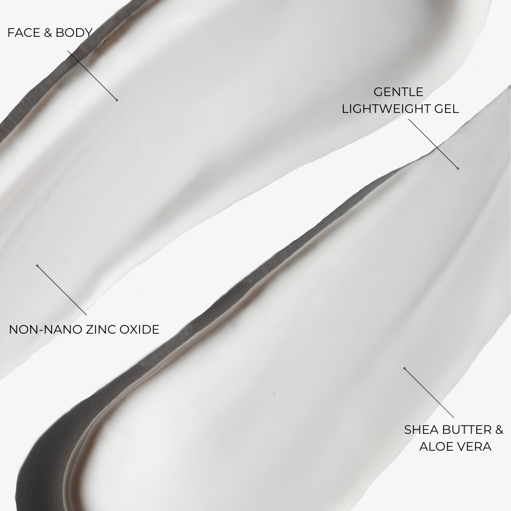A smooth, lightweight gel with Non-Nano Zinc Oxide, Shea Butter, and Aloe Vera being showcased	